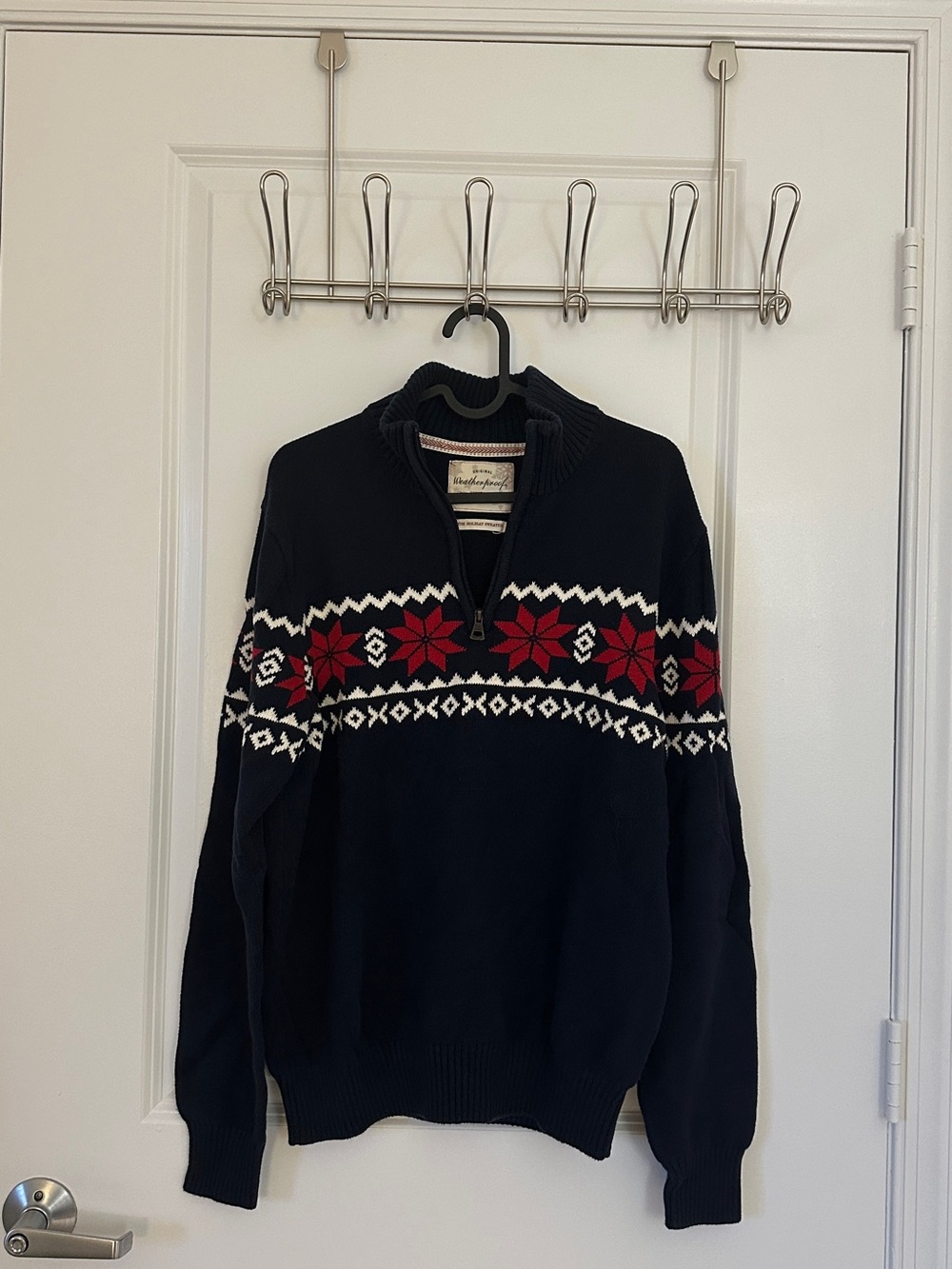 Men's Navy Half-Zip Fair Isle Sweater with Red & White Pattern